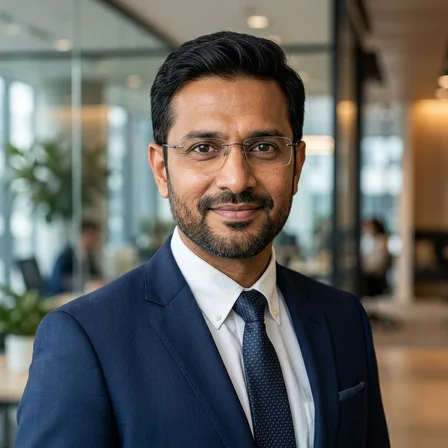 Sameer Khanna — fictional demo investor profile portrait